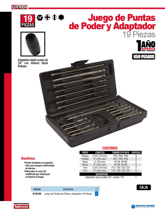 Juego de puntas de poder y adaptador rápido cuadro de 1/4" Quick release, 19 pz en caja pl Urrea