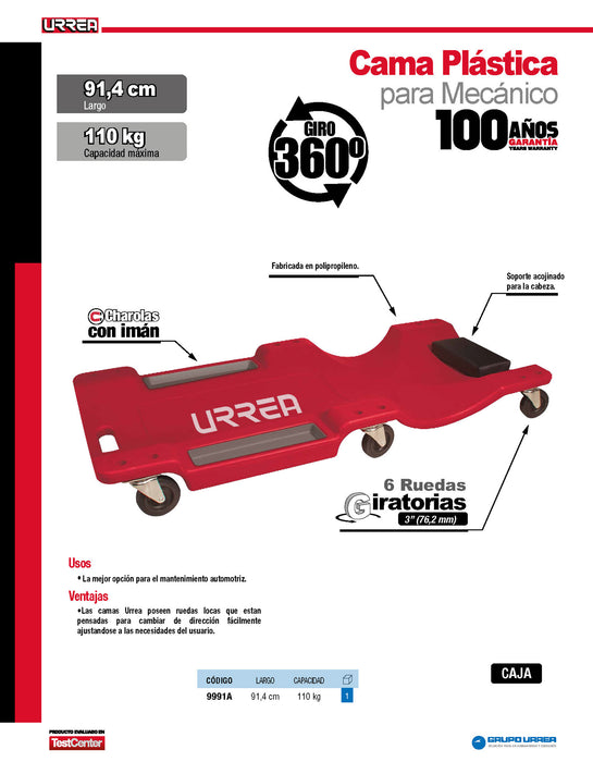 Cama para mecánico plástica, 6 ruedas giratorias, 36" Urrea