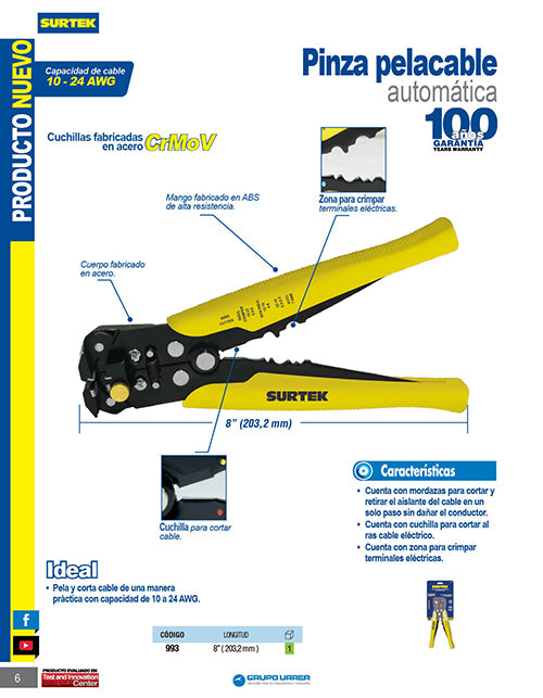 Pinza pelacable 10-24 AWG de  8" automática Surtek