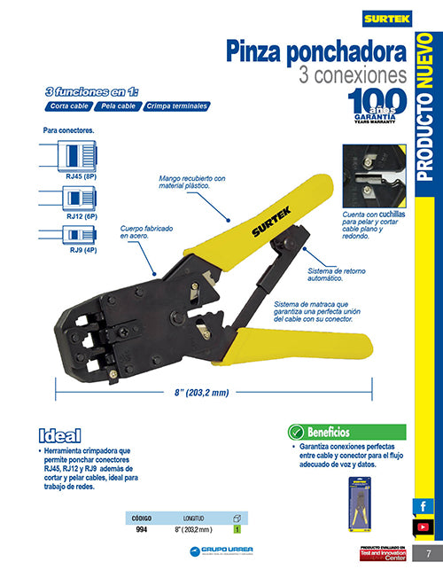 Pinza ponchadora modular 8" para conectores RJ45, RJ12, RJ9 Surtek