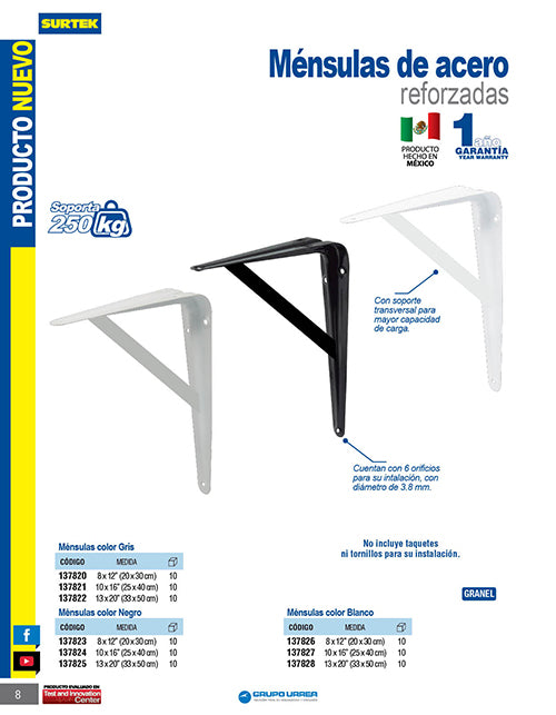 Ménsula con soporte color blanco 8 x 12" Surtek