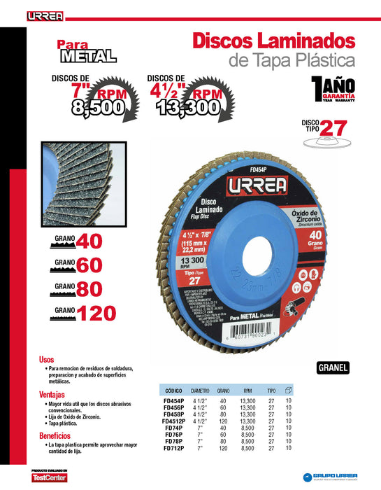 Disco laminado tipo 27 grano 120 con respaldo plástico, 7" Urrea