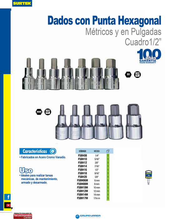 Dado con punta hexagonal cuadro de 1/2", métrico, 8 mm Surtek