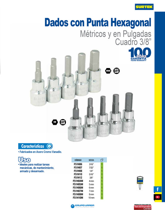 Dado con punta hexagonal cuadro de 3/8", métrico, 5 mm Surtek