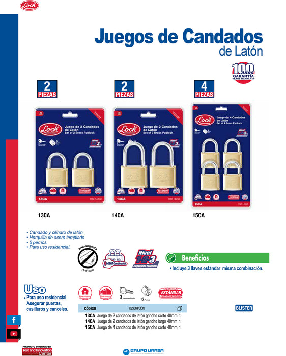 Juego de candados de latón largos 40 mm, llave estándar, 2 piezas Lock