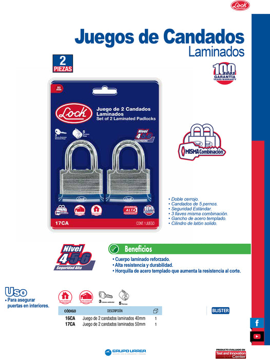 Juego de candados laminados 40 mm, llave estándar, 2 piezas Lock