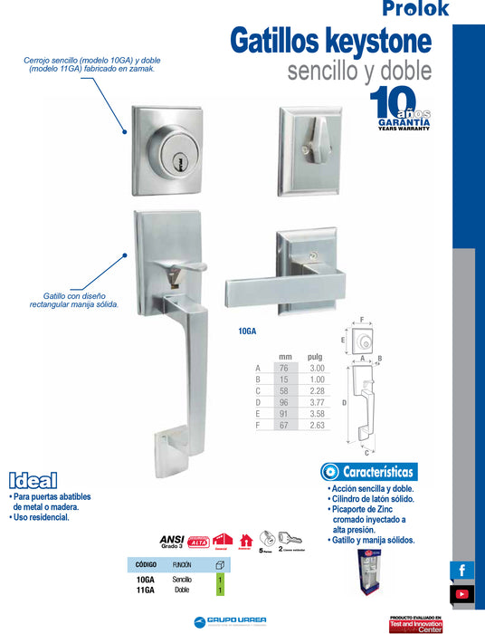 Gatillo rectangular sólido para entrada función sencilla, níquel satinado, visual Lock