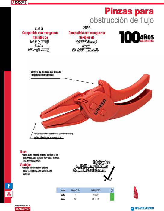 Pinza para obstrucción de flujo mango con resorte 10" Urrea