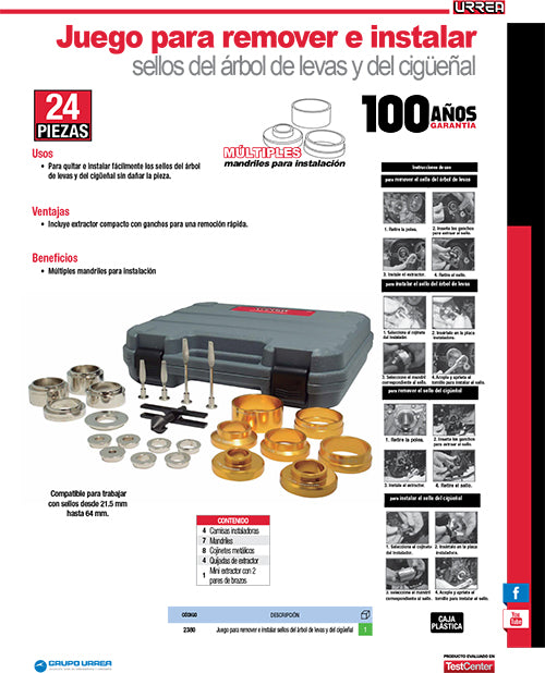 Juego para remover e instalar sellos del árbol de levas del cigüeñal, 24 piezas Urrea