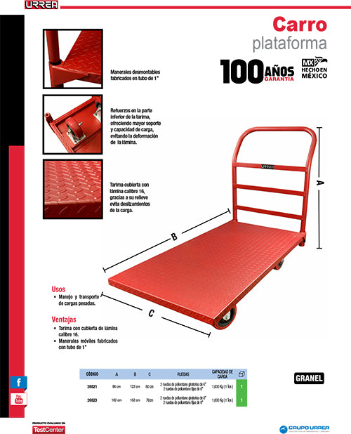 Carro plataforma 152 cm x 76 cm, 8", 1 ton Urrea