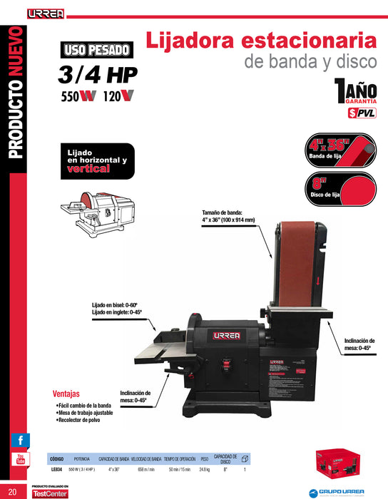 Lijadora de banda 4" x 36" y disco estacionaria 8" 3/4 HP 120 V Urrea