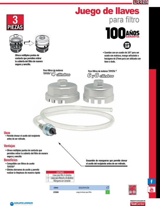 Juego de llaves para filtros de aceite Toyota, 3 piezas Urrea