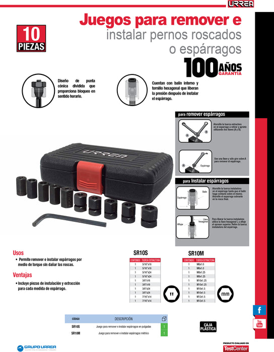 Juego para remover e instalar pernos métricos, 10 piezas Urrea