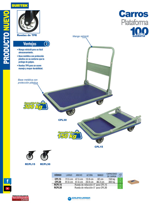 Carro plataforma con maneral retráctil 91.6 cm x 61.6 cm, 5", 300 kg Surtek