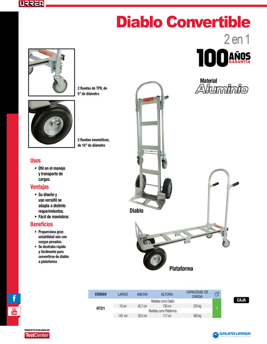 Diablo convertible 2 en 1 de aluminio capacidad 360 kg Urrea