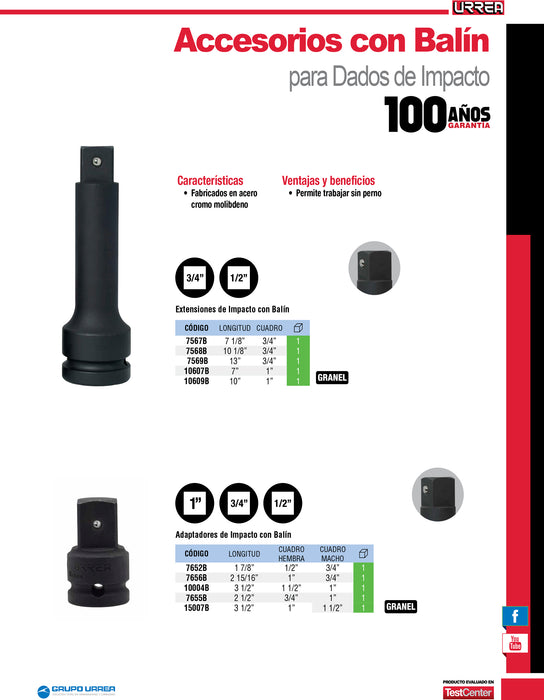 Extensión con balín para dado de impacto cuadro de 1", 10" Urrea