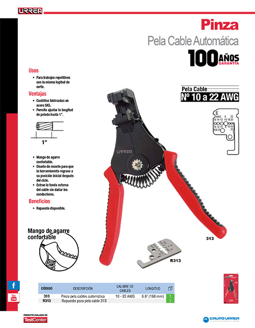 Pinza pelacables automática de 6.6" Urrea