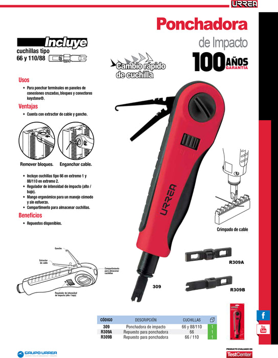 Repuesto de cuchillas 66/110 para ponchadora 309 Urrea