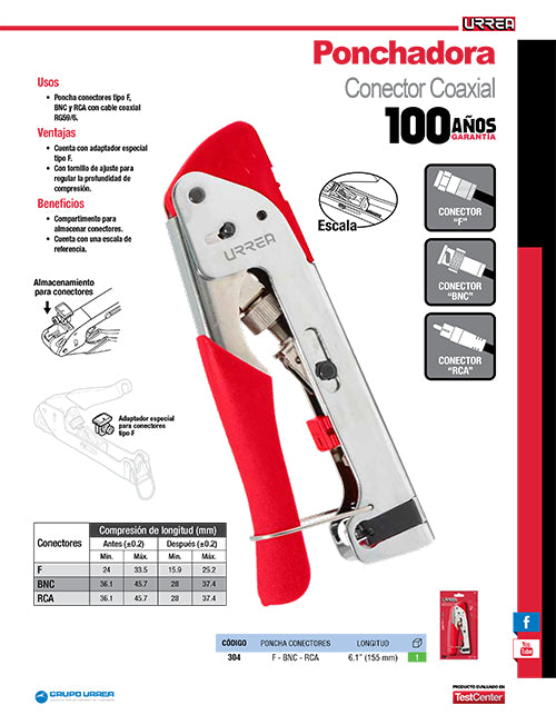 Ponchadora conector para cable coaxial 6.1" Urrea