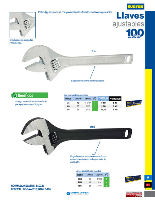 Llave ajustable cromada 18" Surtek
