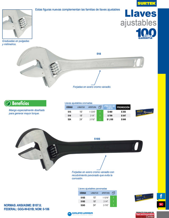 Llave ajustable pavonada 18" Surtek