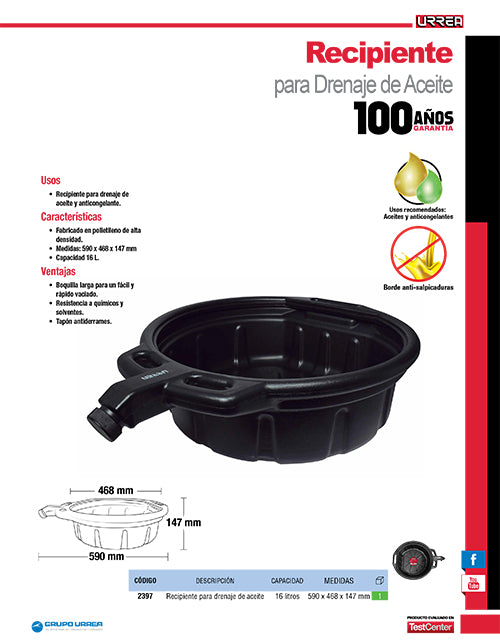 Recipiente para drenaje de aceite 16 Lt Urrea