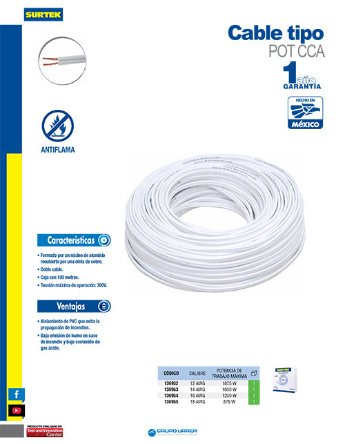 Cable eléctrico POT CCA 2 x 12, 100 m color blanco Surtek
