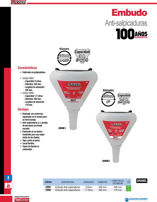 Embudo anti-salpicaduras de polipropileno 1.7 Lt Urrea