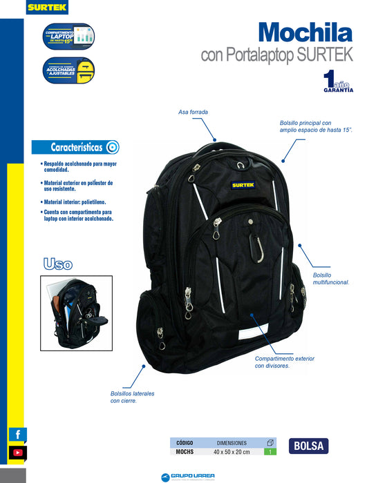 Mochila con tirantes acolchonados 38 x 25 x 49 cm Surtek