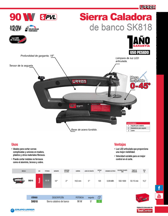 Sierra caladora de banco 18" 90 W 120 V, 1600 RPM Urrea