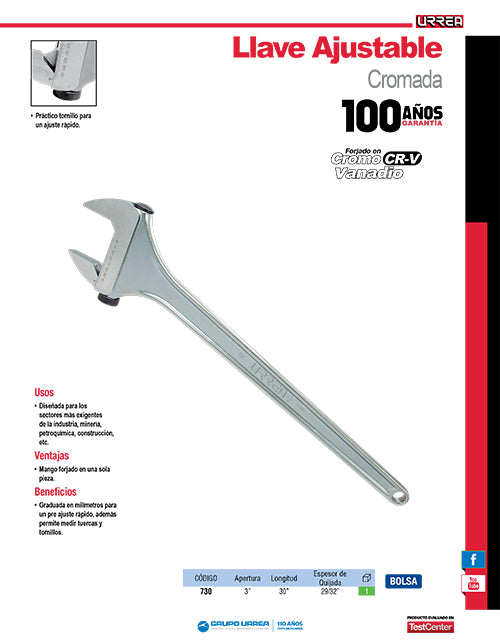 Llave ajustable cromada con ajuste rápido 30" Urrea