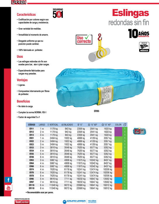 Eslinga de poliéster redonda sin fin azul 5 m, 9 ton Urrea