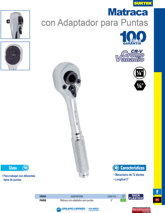 Matraca cabeza tipo pera, punta hexagonal, para dado cuadro de 1/4" Surtek