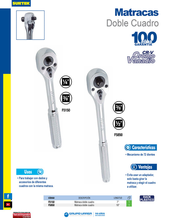 Matraca doble y triple cuadro, cabeza tipo pera, para dados cuadro de 1/4" y 3/8" Surtek