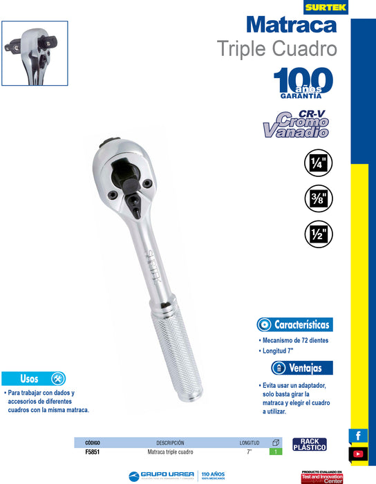 Matraca triple cuadro, cabeza tipo pera, para dados cuadro de 1/4", 3/8", y 1/2" Surtek
