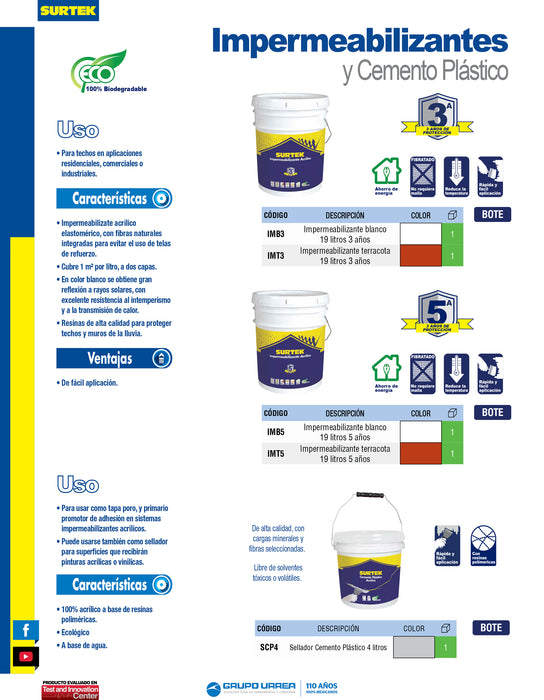 Cubeta de impermeabilizante 19 Lt color rojo óxido con protección de 5 años Surtek