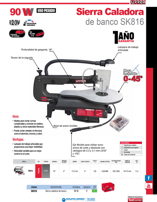 Sierra caladora de banco 16" 90 W 120 V, 1600 RPM Urrea