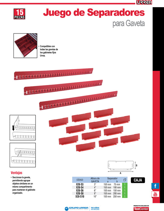Juego de separadores de gaveta 6" serie X, 15 piezas Urrea