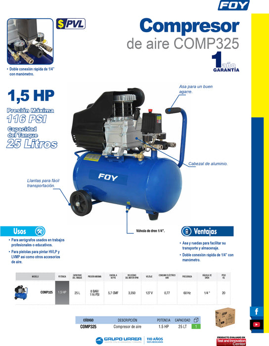 Compresor de aire eléctrico lubricado 25L, 1.5HP, 127V Foy