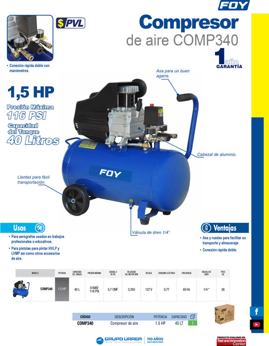 Compresor de aire eléctrico lubricado 40L, 1.5HP, 127V Foy