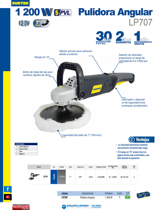 Pulidora angular 7" 1200 W 120 V, 0 - 3000 RPM Surtek