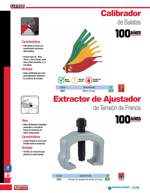 Calibrador de balatas métrico, 8 hojas Urrea