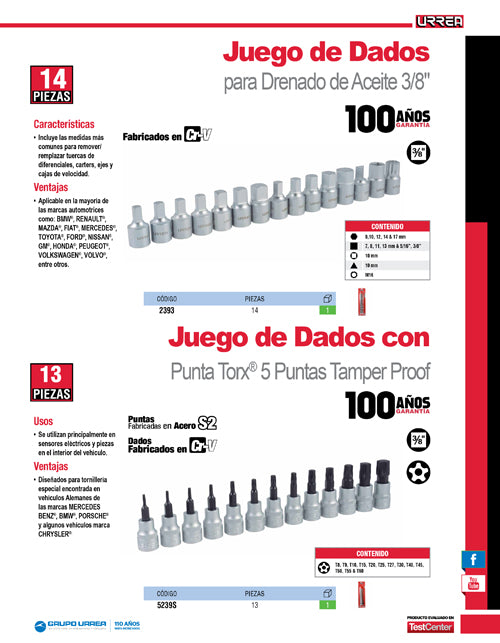 Juego de dados cuadro de 3/8" para drenado de aceite, 14 piezas Urrea