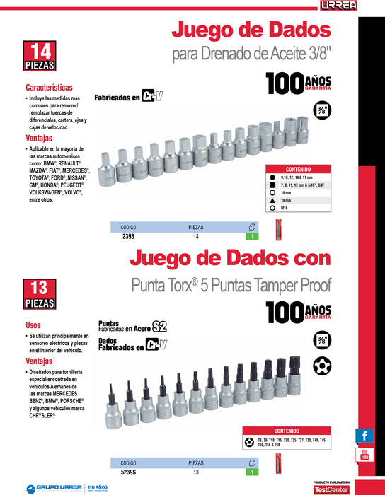 Juego de dados con punta torx tamper proof cuadro de 3/8", 5 puntas, 13 piezas Urrea