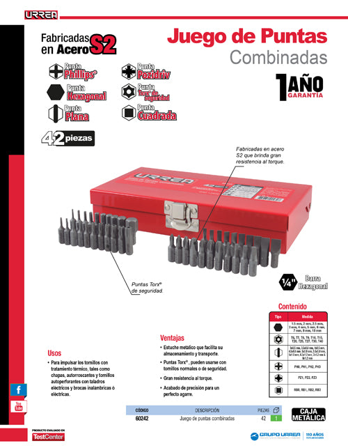 Juego combinado de puntas hexágono de 1/4", 42 piezas en caja metalica Urrea