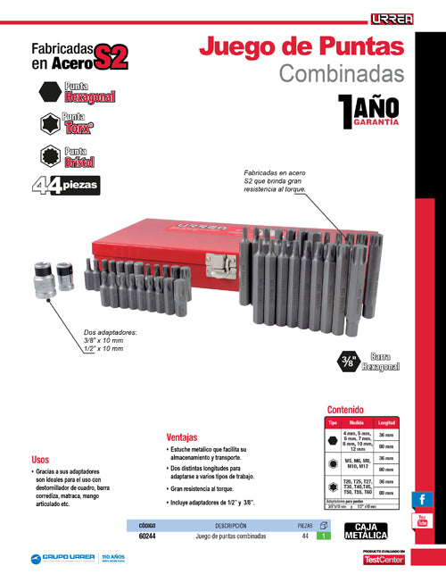Juego combinado de puntas hexágono de 3/8" con adaptadores,  44 piezas en caja metalica Urrea