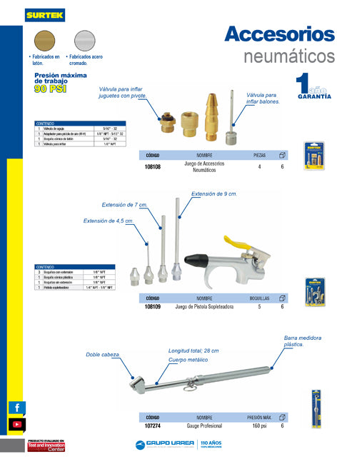 Gauge tipo lápiz de doble cabeza 120 PSI, 38.20 cm Surtek