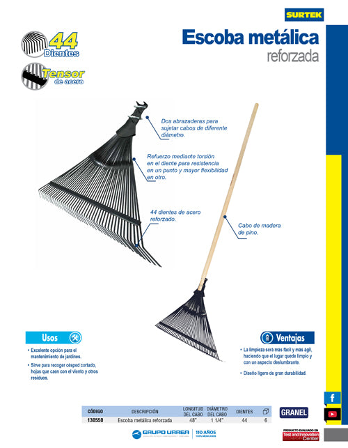 Escoba metálica reforzada recta de 44 dientes Surtek