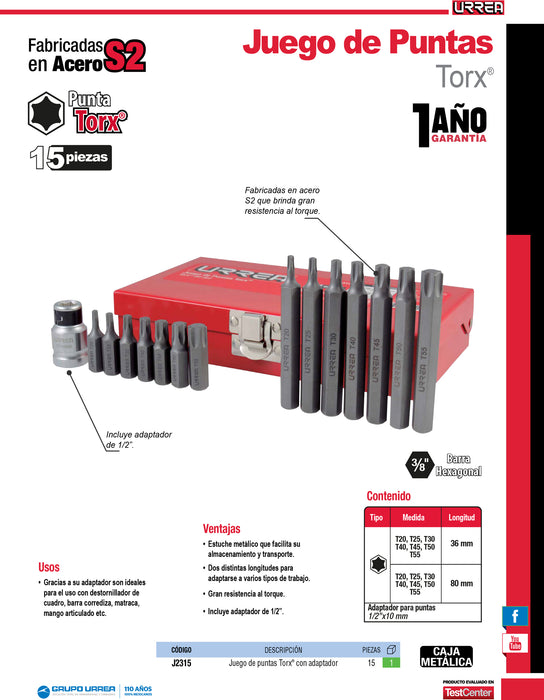 Juego de puntas Torx hexágono de 3/8" con adaptador, 15 piezas en caja metalica Urrea