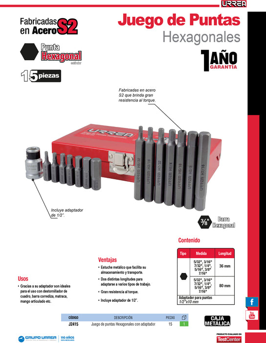 Juego de puntas hexagonales hexágono de 3/8" in, con adaptador, 15 pz en caja metalica Urrea